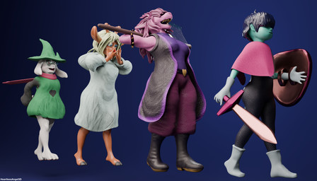 anthro antlers axe barefoot black_hair boots breasts cape clothing coat eyewear feet female footwear glasses gloves group hair handwear hat headgear headwear hooves horn male melee_weapon purple_hair robe scarf shield shoes sword topwear weapon white_hair wizard_hat wizard_robe heartlessangel3d deltarune undertale_(series) kris_dreemurr noelle_holiday ralsei susie_(deltarune) bovid caprine darkner deer goat human mammal new_world_deer reindeer reptile scalie 2026 3d_(artwork) 7:4 absurd_res blender_(artwork) digital_media_(artwork) hi_res