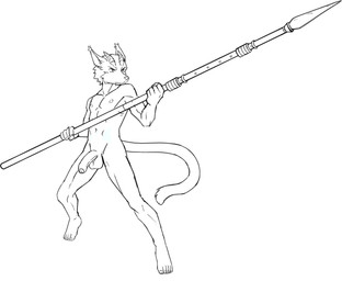 anthro athletic fluffy_ears foreskin genitals horn humanoid_genitalia male melee_weapon penis polearm solo spear weapon raxkiyamato rinn_(retreat_hell) canid mammal hi_res