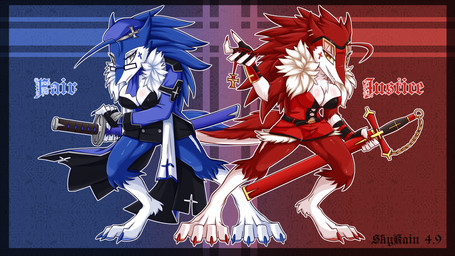anthro barefoot beret big_breasts blue_body blue_fur blue_hair bottomwear breasts claws cleavage clothed clothing coat cross duo ear_piercing eyewear feet female fur glasses gloves goggles grey_eyes hair handwear hat headgear headwear katana long_hair looking_at_viewer melee_weapon piercing pupils red_body red_fur red_hair shorts slit_pupils smile sword tail teeth text toe_claws topwear tuft weapon white_body white_fur yellow_eyes skykain mammal sergal 2013 english_text