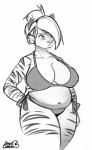 absurd_res anthro aydl bagelcollector big_breasts bikini breasts cleavage clothed clothing felid female fur greyscale hair hair_bun hand_on_hip hi_res mammal midriff monochrome nipple_outline pantherine simple_background slightly_chubby solo standing striped_body striped_fur stripes swimwear tiger white_background