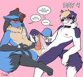 animal_genitalia animal_penis anthro anthro_on_anthro ball_squish balls balls_touching black_body black_fur black_hair blonde_hair blue_body blue_fur blush canine_genitalia canine_penis dialogue duo erection eyewear eyewear_only foreskin frottage fur genitals glasses glasses_only hair humanoid_genitalia humanoid_penis knot knotted_penis male male/male mismatched_genitalia mismatched_humanoid_penis mismatched_penis multicolored_body multicolored_fur multicolored_hair navel nipples nude penile penis penises_touching purple_body purple_fur red_hair sex smile squish tan_body tan_fur text two_tone_body two_tone_fur two_tone_hair wearing_glasses white_body white_fur conditional_dnp drako1997 nintendo pokemon dean_(drako1997) kyle_belleheart border_collie canid canine canis collie domestic_dog generation_4_pokemon herding_dog lucario mammal pastoral_dog pokemon_(species) sheepdog 2025 english_text hi_res