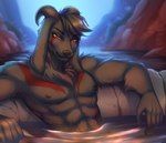 abs anthro claws clothed clothing dark_body dark_fur fur grey_body grey_fur horn male markings muscular muscular_male nipples orange_eyes partially_submerged pecs red_eyes red_markings sitting_in_water smile solo topless water amarihel cassius_lewandowskiago bovid caprine goat mammal