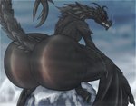 absurd_res alduin bethesda_softworks big_butt black_body black_horn black_scales bubble_butt butt butt_focus claws dragon european_mythology feral hi_res horn huge_butt hyper hyper_butt looking_back male microsoft mountain mythological_creature mythological_scalie mythology outside rear_view red_eyes reptile rhynobullraq scales scalie sky skyrim solo tail teeth the_elder_scrolls thick_thighs western_dragon wide_hips wings wyvern