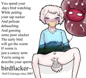 anthro beak blue_eyes blush bottomless bottomless_anthro clothed clothing duo feathers female genitals hair impregnation lyrics narrowed_eyes ovum partially_clothed penis sex shirt shirt_only solo sperm_cell text topwear topwear_only vaginal vulva white_hair x-ray_view yellow_beak teruni-inamor neil_cicierega_(copyright) avian bird gull lari larid