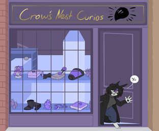 5_fingers anthro black_clothing black_hair black_jacket black_topwear book boots bottomwear breasts candle clothing controller doll door female fingers footwear hair highlights_(coloring) jacket jewelry looking_at_viewer pants pendant purple_highlights remote_control shoes shortstack smile solo store sweater text topwear whiskers window robertge jason_markova domestic_cat felid feline felis mammal 2025 digital_media_(artwork) english_text