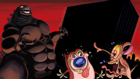 4_fingers abs anthro black_body black_scales bodily_fluids city cityscape claws finger_claws fingers flying_sweatdrops fur gesture group hand_gesture open_mouth pointing scales size_difference sweat sweatdrop teeth tongue tongue_out yellow_sclera yellow_teeth bran10doh godzilla_(series) nickelodeon ren_and_stimpy toho godzilla ren_höek stimpy_j._cat canid canine canis domestic_dog kaiju mammal reptile scalie 16:9 2022 crossover hi_res widescreen