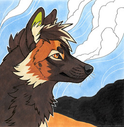 ambiguous_feral ambiguous_gender black_nose blue_sky brown_body brown_ears brown_fur brown_hair cheek_tuft cloud facial_tuft feral fur hair markings mouth_closed multicolored_hair neck_tuft orange_eyes orange_markings outside side_view sky solo tan_hair tan_markings text tuft two_tone_hair whiskers heatherwolf canid canine mammal hi_res url