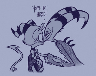 anthro back_spikes blush clothed clothing duo eye_contact gesture gloves hand_gesture handwear head_to_head looking_at_another male male/male pointing simple_background spikes spikes_(anatomy) text ave_draws hellaverse helluva_boss blitzo_(helluva_boss) moxxie_(helluva_boss) imp english_text hi_res