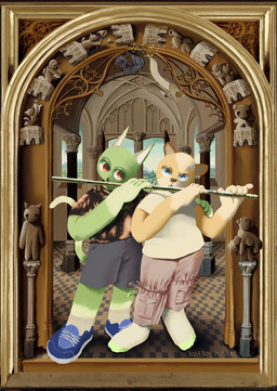 amazing_background ambiguous_gender anthro barefoot biped blue_eyes blue_sky bottomwear castle clothing column detailed_background duo facial_piercing feet floor footwear gothic_architecture green_body hill holding_flute inside nose_piercing open_mouth picture_frame piercing plant playing_flute playing_music pointy_ears red_eyes roman_numeral sculpture shirt shoes shorts sky sneakers standing statue t-shirt text tile tile_floor toony topwear tree whiskers boarboy domestic_cat felid feline felis mammal 2021 dated detailed hi_res inspired_by_formal_art italian_text signature translated