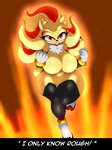 anthro big_breasts breasts clothing crossgender dialogue featureless_breasts female footwear legwear looking_at_viewer mtf_crossgender red_eyes solo super_form text thick_thighs conditional_dnp suirano sega sonic_the_hedgehog_(series) super_shadow eulipotyphlan hedgehog mammal english_text hi_res