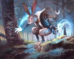 anthro barefoot biped blue_magic bottomwear clothing feet forest grass hill jumping looking_at_viewer magic magic_hands male orange_eyes pants plant solo tree lucas_graciano hasbro magic:_the_gathering wizards_of_the_coast kwain hare lagomorph leporid mammal 2020 signature