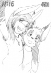 anthro buckteeth camera_view clothing cuddling duo female front_view hair happy looking_at_viewer looking_up male o'clock piercing recording selfie shirt slim slim_male smile t-shirt teeth time tongue tongue_out topwear wishbone_mouth young young_anthro young_female young_male arkaid flying_fox_(artist) acchan_(arkaid) canid canine domestic_cat felid feline felis fox hybrid lagomorph leporid mammal rabbit rodent black_and_white monochrome