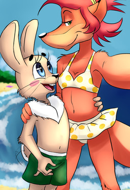 anthro beach black_nose blue_eyes blush bottomwear bra breasts clothing duo female fur green_eyes hair half-closed_eyes heart_symbol looking_at_viewer male narrowed_eyes navel open_mouth red_hair russian sea seaside selfie shorts size_difference small_breasts smile swimming swimming_trunks swimwear tan_body tan_fur tuft underwear water young luna_golubaya soyuzmultfilm well_just_you_wait! lisa_(wjyw) zayats_(wjyw) canid canine fox hare lagomorph leporid mammal absurd_res hi_res