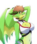 anthro blush breasts cleavage clothed clothing female kemono looking_at_viewer membrane_(anatomy) membranous_wings midriff navel scales solo wings zekkymzn mythology midori_(kmn) dragon mythological_creature mythological_scalie scalie absurd_res hi_res