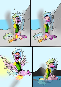 beak bodily_fluids bottomless burning butt butt_on_fire clothed clothing feathered_wings feathers female feral fire pain sea smoke solo tail tears tongue tongue_out water wings hot_rolls european_mythology friendship_is_magic greek_mythology hasbro my_little_pony mythology silverstream_(mlp) avian hippogriff mythological_avian mythological_creature comic digital_media_(artwork) hi_res