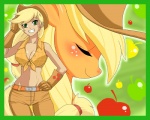 alternate_species border clothed clothing cowboy_hat duo eyes_closed female feral green_border hair hat headgear headwear humanized navel smile tail ninja-8004 friendship_is_magic hasbro my_little_pony applejack_(mlp) equid equine horse human mammal pony 2012 5:4 hi_res