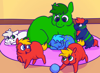 :3 ambiguous_feral ambiguous_gender ball blonde_hair blue_body blue_eyes blue_fur blue_hair feral fur green_body green_eyes green_fur green_hair green_markings group hair looking_at_another lying markings on_front open_mouth red_body red_fur red_hair red_tail rug spots spotted_body spotted_fur standing tail white_body white_fur white_hair yellow_tail young young_ambiguous young_feral alpama fluffy_pony fluffy_pony_(species) mammal 2023 digital_media_(artwork) shaded