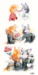 adolescent age_progression anthro bodily_fluids book bouquet clothing clothing_pull crying duo eyewear flower glasses heart_symbol kissing male male/male necktie necktie_pull plant rose_(flower) scarf tears young animalk canid canine canis fox mammal wolf comic hi_res painting_(artwork) traditional_media_(artwork) watercolor_(artwork)