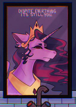 armor bathroom crown eyebrows eyelashes eyeshadow faucet female feral flowing_mane fur half-closed_eyes headgear highlights_(coloring) horn inside jewelry long_neck looking_at_mirror looking_at_object makeup mane mirror narrowed_eyes necklace peytral pink_eyes pink_highlights pupils purple_body purple_fur purple_mane sad sink solo text unicorn_horn white_sclera wings fallout_furret friendship_is_magic hasbro my_little_pony mythology queen_twilight_(mlp) twilight_sparkle_(mlp) equid equine mammal mythological_creature mythological_equine winged_unicorn 2024 digital_drawing_(artwork) digital_media_(artwork) english_text hi_res