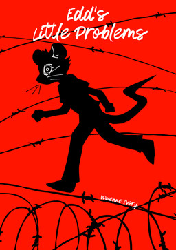 anthro barbed_wire black_silhouette clothing eye_contact female looking_at_another looking_at_viewer mouse_tail poster red_background running silhouette silhouetted_body simple_background solo tail text whiskers birzavr edd_(birzavr) mammal mouse murid murine rodent 2025 absurd_res cover digital_drawing_(artwork) digital_media_(artwork) flat_colors hi_res