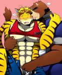 anthro anthro_on_anthro clothed clothing duo eyebrows fondling male male/male muscular muscular_male pecs thick_eyebrows bearlovestiger13 morenatsu juuichi_mikazuki torahiko_(morenatsu) bear felid mammal pantherine tiger hi_res