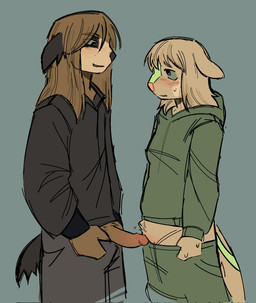 anthro barely_visible_genitalia barely_visible_vulva blush bodily_fluids bottomwear bottomwear_down bottomwear_pull brown_body brown_bottomwear brown_clothing brown_ears brown_hair brown_jacket brown_nose brown_pants brown_topwear clothed clothing clothing_pull countershading duo erection female genitals green_body green_bottomwear green_clothing green_countershading green_hoodie green_pants green_topwear grey_background grey_eyes hair heart_symbol hoodie humanoid_genitalia humanoid_penis humanoid_vulva jacket male male/female pants pants_down pants_pull partially_clothed penis pink_nose pink_penis_tip pink_vulva presenting presenting_penis presenting_vulva pubes realistic_penis_size short_tail show_me_yours simple_background sweat sweatdrop tail tan_body tan_ears tan_hair topwear vulva tanrecci pistachio_(tanrecci) mammal mephitid mustelid skunk