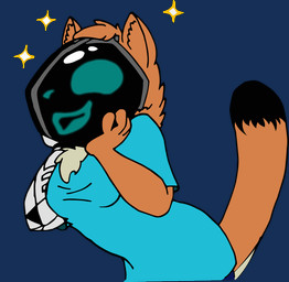 anthro black_tail_tip blue_clothing blue_shirt blue_topwear brown_body brown_fur chest_tuft clothing cybernetic_arm cybernetic_limb dipstick_tail female fur markings multicolored_tail prosthetic prosthetic_arm prosthetic_limb screen screen_face shirt smile solo tail tail_markings topwear tuft d4nt3_fr05t tanner-ex5 mammal mustelid musteline stoat true_musteline weasel alpha_channel