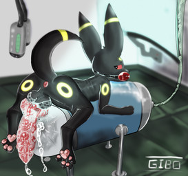 animal_genitalia animal_penis anus ball_gag balls big_balls big_penis bodily_fluids breeding_mount canine_genitalia canine_penis cum erection excessive_cum excessive_genital_fluids feral gag genital_fluids genitals huge_balls knot male paws penis presenting presenting_anus presenting_penis small_but_hung solo lewdly_gibo nintendo pokemon eeveelution generation_2_pokemon pokemon_(species) umbreon absurd_res hi_res