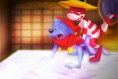 3_toes 4_fingers all_fours anal anal_penetration anthro anthro_on_anthro arm_tuft bed bent_legs bent_over biped black_nose cheek_tuft clothing curling_tail duo elbow_tuft eyes_closed facial_tuft feet fingers fool's_hat fur furniture half-closed_eyes hat headgear headwear inside male male/male mirror mirror_reflection multicolored_body multicolored_fur narrowed_eyes on_bed open_mouth paws penetration pink_body pink_scales plantigrade purple_body purple_fur raised_heel red_body red_clothing red_hat red_headwear red_scales reflection scales standing_on_toes striped_body striped_scales stripes tail thick_tail tiptoes toes tuft two_tone_body two_tone_fur white_sclera yellow_clothing yellow_hat yellow_headwear amegared simsala_grimm doc_croc_(simsala_grimm) yoyo_(simsala_grimm) canid canine canis coyote mammal reptile scalie colored digital_drawing_(artwork) digital_media_(artwork) shaded