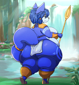 anthro big_breasts big_butt blue_body blue_fur blue_hair bottomwear breasts butt clothing female fluffy fluffy_tail fur hair huge_breasts huge_butt huge_thighs loincloth melee_weapon overweight overweight_anthro overweight_female polearm rear_view solo spear tail thick_thighs weapon garuda_six nintendo star_fox krystal_(star_fox) canid canine fox mammal hi_res