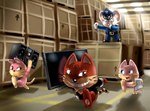 anthro clothed clothing female fur group hair male police tail topwear mr-shin bandai_namco mappy goro_(mappy) mappy_(character) meowkie domestic_cat felid feline felis mammal mouse murid murine rodent digital_media_(artwork)