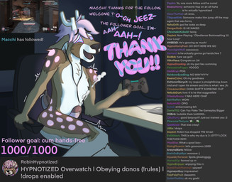 anthro audience bodily_fluids camera chair chat chat_box controller cross-eyed cum cum_in_air cum_on_command cumshot dark_room desk ejaculation exhibitionism eye_roll follower_celebration follower_number furniture genital_fluids genitals glowing glowing_eyes glowing_markings good_boy group hair hands-free humor hypnosis livestream male markings mind_control moan nude office_chair penis pink_hair profanity ringed_eyes solo solo_focus spiral stream_chat surprised table text thank_you robinhypnotized blizzard_entertainment overwatch twitch.tv robin_(robinhypnotized) deer mammal english_text hi_res