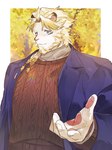 anthro blonde_hair blue_eyes braided_hair clothing fur hair jacket male pawpads smile solo sweater topwear white_body white_fur hagio_graphy lifewonders live_a_hero astosis felid lion mammal pantherine 3:4 absurd_res hi_res