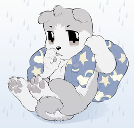 anthro baby bedding blanket brown_body brown_eyes brown_fur floppy_ears fluffy_ears fur head_tuft male pawpads raining slightly_chubby small_eyebrows solo sucking thumb_suck tuft young 1ksrw conditional_dnp crush_(1ksrw) canid canine canis domestic_dog hybrid mammal wolfdog 2023 clip_studio_paint_(artwork) digital_media_(artwork) hi_res