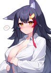 big_breasts black_body black_ears black_fur black_hair blush breasts clothed clothing collarbone female fingers fur hair highlights_(coloring) inner_ear_fluff open_clothing open_shirt open_topwear red_hair red_highlights shirt topwear tuft unbuttoned_shirt white_clothing white_topwear deaver hololive vtuber ookami_mio animal_humanoid canid canid_humanoid canine canine_humanoid canis humanoid mammal mammal_humanoid wolf_humanoid 2023 hi_res