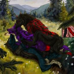 anal anal_penetration animal_genitalia animal_penis animal_vulva balls black_body black_fur black_nose black_penis blue_body blue_eyes blue_fur canine_genitalia canine_penis canine_vulva cutaway double_penetration erection female female_feral female_penetrated feral feral_on_feral feral_penetrated feral_penetrating feral_penetrating_feral fur genitals grass group group_sex internal intraspecies knot knotted_penis licking licking_another lying male male/female male_feral male_penetrating male_penetrating_female markings on_back on_top open_mouth orange_eyes penetration penile penile_penetration penis plant purple_body purple_fur red_markings red_penis sex side_view threesome tongue tongue_out tree trio vaginal vaginal_penetration vulva msdeadsoul sitka canid canine mammal 1:1 hi_res
