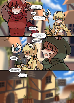 animal_ears blonde_hair blue_eyes brown_hair clothing dialogue female group hair head_wings horn male monster_girl_(genre) red_hair simple_background staff text unusual_wing_placement wings shriekingmagpie horned_humanoid humanoid winged_humanoid comic digital_media_(artwork) english_text hi_res