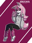 anthro clothing female fur hair long_hair looking_at_viewer pink_body pink_hair pink_tail simple_background smile solo tail conditional_dnp maiky_atk brand_new_animal studio_trigger nazuna_hiwatashi canid canine fox mammal digital_media_(artwork)