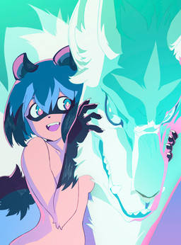 5_fingers anthro blue_hair brown_body brown_fur claws duo eye_contact fangs female female_anthro feral fingers fluffy fluffy_tail fur gloves_(marking) hair inner_ear_fluff looking_at_another male markings nude smile tail teeth tuft white_body white_fur unknown_artist brand_new_animal studio_trigger michiru_kagemori shirou_ogami beastman_(brand_new_animal) canid canine canis mammal raccoon_dog tanuki wolf 2020 digital_media_(artwork) hi_res official_art