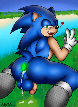anthro anus backsack balls blue_body bodily_fluids butt chaos_emerald clothing cum cum_drip cum_in_ass cum_inside dripping emerald_(gem) flaccid footwear gem genital_fluids genitals gesture gloves green_eyes hand_gesture handwear heart_symbol humanoid_genitalia humanoid_penis kneeling looking_at_viewer male nude penis shoes simple_background smile socks solo tail v_sign azusagp sega sonic_the_hedgehog_(series) sonic_the_hedgehog eulipotyphlan hedgehog mammal 2026 digital_media_(artwork)