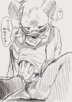 2024 5_fingers anthro blush bottomwear clothing duo eyewear fingers fur glasses hair hayata_461 hi_res hyena japanese_text lifewonders live_a_hero looking_at_viewer male mammal pants roiker shirt sketch speech_bubble spotted_hyena text topwear touching_chest