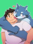 anthro belly blue_body blue_fur blush clothing duo eyes_closed fur green_background heart_symbol hug hugging_another hugging_from_behind kemono licking male male/male overweight overweight_male shirt simple_background tongue tongue_out topwear green_bell inakamichi canid canine canis domestic_dog human mammal 2020 hi_res