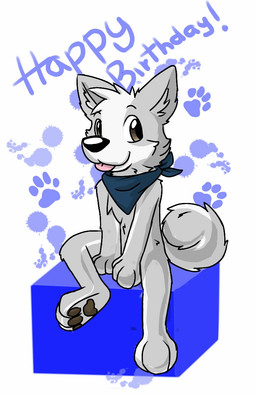 anthro biped birthday black_nose black_pawpads blep brown_eyes curled_tail digitigrade eyebrows fur grey_body grey_ears grey_fur grey_inner_ear hair inner_ear_fluff kerchief looking_aside male multicolored_body multicolored_fur pawpads simple_background sitting solo tail tongue tongue_out tuft two_tone_body two_tone_fur white_body white_fur white_hair gaokun canid canine canis domestic_dog husky mammal nordic_sled_dog spitz 2015