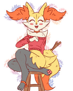 ambiguous_gender anthro blush blush_lines claws collar dipstick_tail eyelashes eyes_closed fur furniture grey_body grey_fur inner_ear_fluff markings multicolored_body object_in_tail open_mouth orange_body orange_fur pawpads paws simple_background sitting solo stick stick_in_tail stool tail tail_markings tan_body tan_fur tongue tuft yellow_body se1t nintendo pokemon braixen canid canine generation_6_pokemon mammal pokemon_(species) 2026 absurd_res hi_res