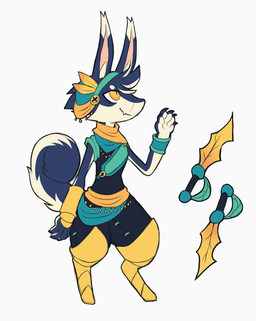 4_fingers ambiguous_gender anthro blue_body blue_ears blue_fur blue_hair clothed clothing dagger dipstick_ears ear_markings fingers fur hair markings melee_weapon multicolored_body multicolored_ears multicolored_fur multicolored_hair pupils simple_background slit_pupils solo two_tone_body two_tone_ears two_tone_fur two_tone_hair weapon white_background white_body white_ears white_fur white_hair yellow_eyes floppsies ever_oasis nintendo khalif_(floppsies) lagora male_(lore)