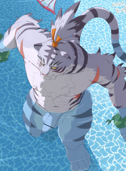 abs anthro balls blush chest_tuft countershading fur fur_tuft genitals humanoid_genitalia humanoid_penis male markings nipples nude partially_submerged pecs penis pink_nose scar solo striped_body striped_fur striped_markings striped_tail stripes swimming_pool tail tail_markings tuft wet wet_body wet_fur chirasgi cygames world_flipper nimbus_(world_flipper) felid mammal pantherine tiger 2021 censored dated hi_res