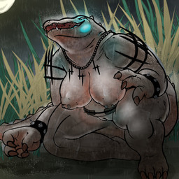 4_fingers anthro areola big_breasts bracelet breasts brown_claws claws female fingers front_view genitals grass grey_areola grey_body grey_nipples grey_scales huge_breasts innie_vulva jewelry kneeling moon night nipple_piercing nipples nude open_mouth piercing plant raining scales sharp_teeth solo spiked_bracelet spikes teeth thick_thighs vulva wide_hips shadowbanearts_(artist) hunt_showdown rotjaw alligator alligatorid crocodilian reptile scalie 1:1 absurd_res hi_res