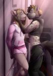 anthro anthro_on_anthro blonde_hair bottomwear brown_body brown_fur bulge clothed clothing collar detailed_background duo ear_piercing eyebrow_piercing eyes_closed facial_piercing femboy fur hair hoodie hotpants jacket kissing locker locker_room male male/male nose_piercing piercing pink_bottomwear pink_clothing pink_collar pink_hoodie pink_jacket pink_shorts pink_topwear shorts shy standing tail topwear twinkle-sez carl_theodore_grant_(grafton) turner_(grafton) felid hyena lion mammal pantherine spotted_hyena 2015 digital_media_(artwork) hi_res