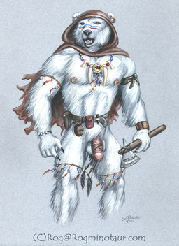 accessory anthro axe balls brown_eyes claws clothed clothing cock_ring fangs fur genitals hood humanoid_genitalia humanoid_penis jewelry long_fur male melee_weapon muscular muscular_anthro muscular_male necklace nipple_piercing nipple_ring nipples penis penis_accessory penis_jewelry piercing ring_piercing skimpy solo standing tattoo teeth text tribal weapon white_body white_fur rog_minotaur bear mammal polar_bear ursine 2001 traditional_media_(artwork) url
