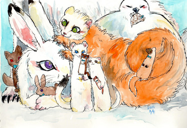 ambiguous_gender blue_eyes brown_body brown_fur claws feral fur green_eyes group plant size_difference snow tail tree white_body white_fur kyokyota avian bird gulonine lagomorph leporid mammal marten mustelid musteline pine_marten rabbit stoat true_musteline weasel 2015 hi_res traditional_media_(artwork)